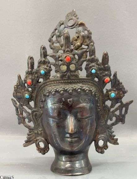 Bronze Goddess Topper, Marked India, Some Bending 8" image