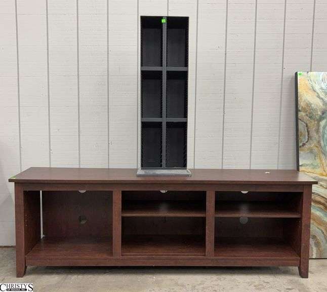 Pressed Wood TV Media Stand and Plastic CD Holder - 70" x 16" x 23" of tv stand - has damage, see photos image