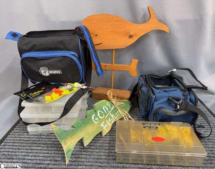 Empty Fishing Tackle Boxes, Soft Cases, Gone Fishing Sign image