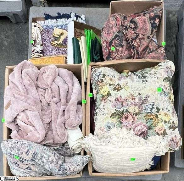 Skid of Soft Goods - Blankets, Pillows, Sewing Basket, Place Mats, Misc - SKID NOT INLCUDED image