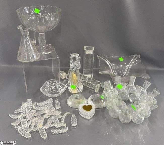 Clear Glass Compotes, Angel, Pitcher, Damaged Candle Sticks, Bowl, Largest 9x3.5" image