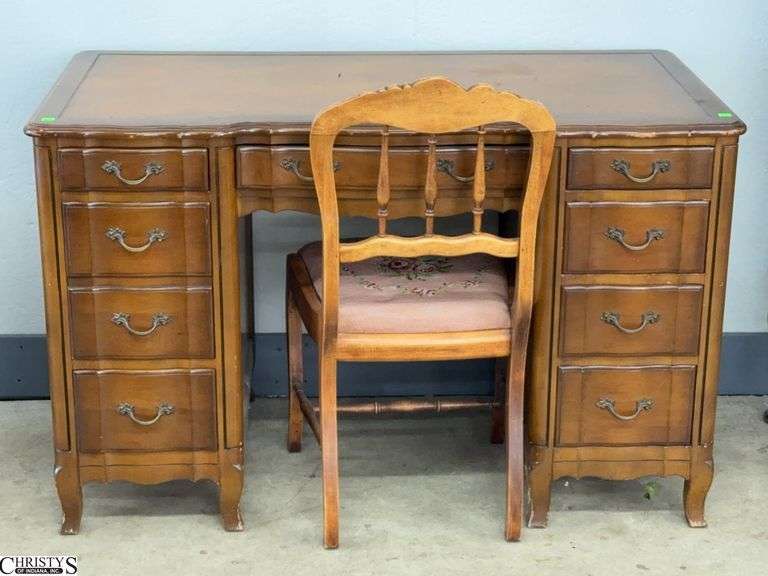 Sligh 7 Drawer Kneehole French Style Desk and Chair - 48" x 26" x 30" of desk image