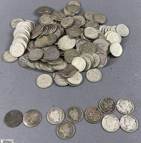 Approx. 183 Dimes.  Includes 2 Seated Liberty 1876 & ?, 3 Barber 1901, 1909, 1914, 5 Mercury (1 is holded) and the remaining look to be mostly silver. image