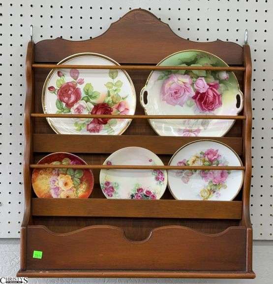 Wooden Wall Mount Plate Rack and 5 Rose Motif Plates - 23" x 5" x 26" of rack image