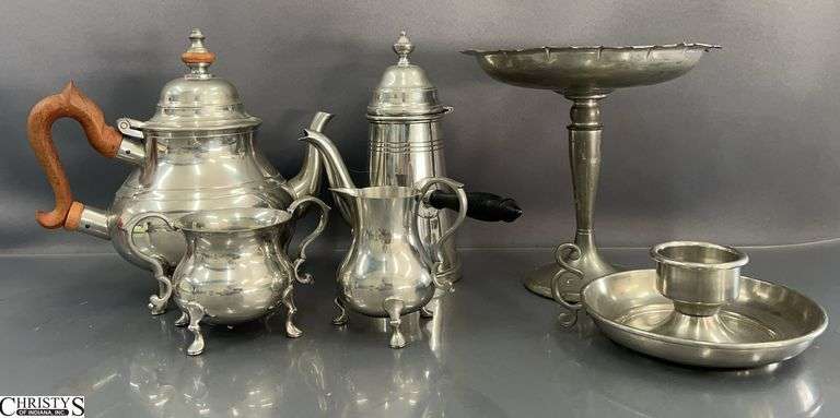 Pewter Tea Pots, Cream and Sugar, Chamber Stick, Compote Tallest 7.5" image