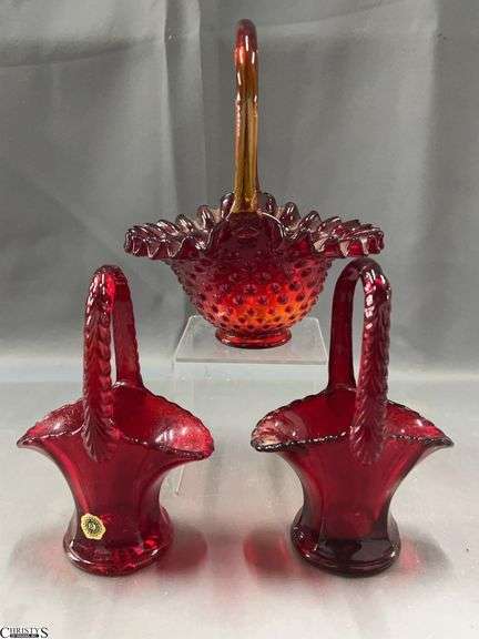 3pcs Amberina Hobnail Basket 8" Tall, 2 Westmoreland Baskets image