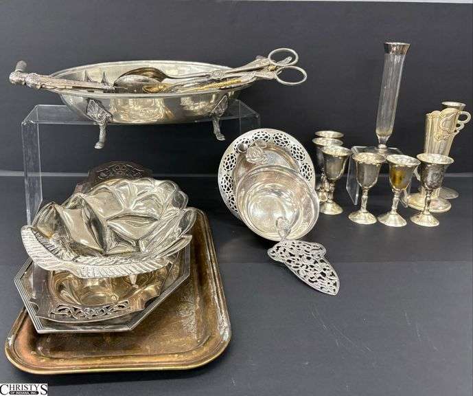 Silver Plated Items, Cordials, Vases, Flatware, Trays Largest 13" image