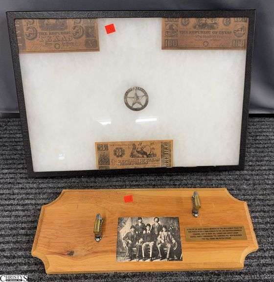Bullet Coat Hook With Vintage Outlaw Printed Photo, Texas Reproduction Money, Unites States Marshal Badge image
