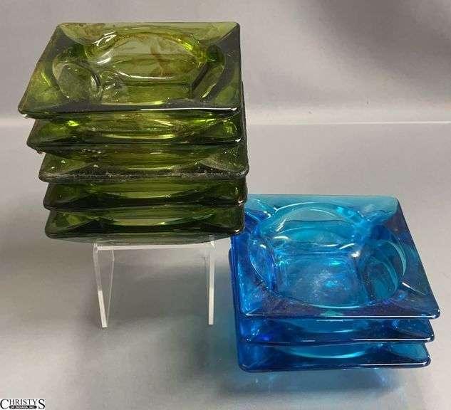 8 Blue & Green Glass MCM Ashtrays - 4.5" x 4.5" of each image