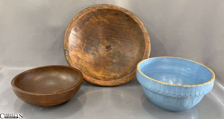 Wooden Mixing Bowl, Crock Shoulder Bowl, Some Chips Largest 14.5" Has Tag Worn Off image