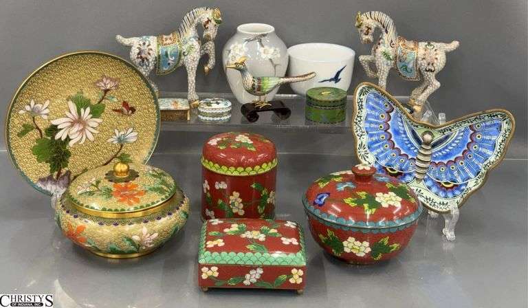 Asian Influence Enameled Trinket Boxes, Butterfly, Horses, Pill Boxes, Bud Vase image