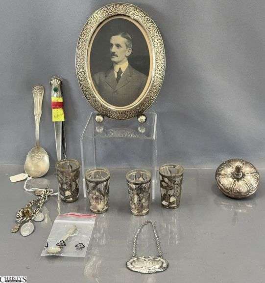 Sterling Marked, Gorham Executive Decision Maker, Marked German Silver Photo Frames With Black and White Portrait 5x7", Letter Openers, Spoons, Charm Bracelet image