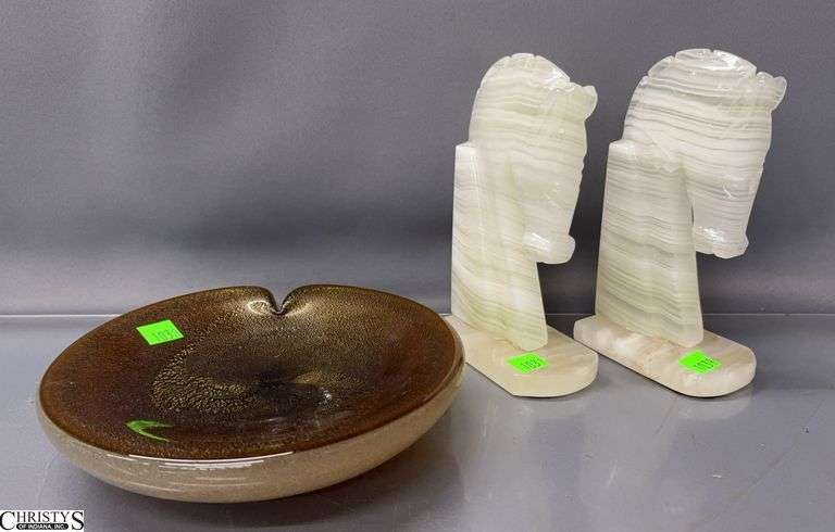 Heavy Art Glass Dish and Stone Horse Bookends - 8" D of dish image