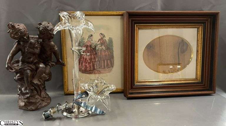 Victorian Frame, 2 Lily Style Epergne, Composite Sculpture, Framed Print - 17" x 15" of Victorian frame, some chipping to lilies image