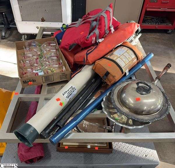 End Table, Mirror, Silver Plate, Stemware, Life Jackets image