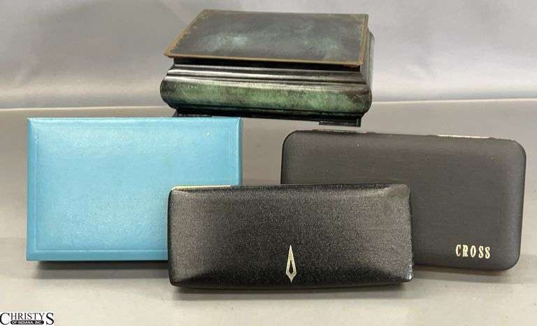 Cross, Sheaffer, and Other Pens and Pencils, Danish Metal Hinge Lidded Box - 6" x 5" of box image