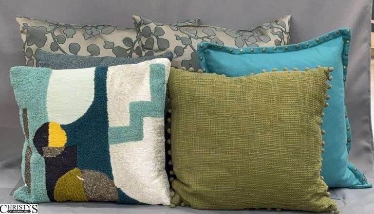 6 Teal and Olive Accent Pillows, Larger Measures 23" image