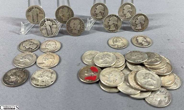 37 Silver Quarters.  Includes 2 Standing Liberty (dates unreadable), 2 Barber Head 1899 & 1909, 6 Dated 1940's, 6 Dated 1950's and 21 Dated 1960-1964. image