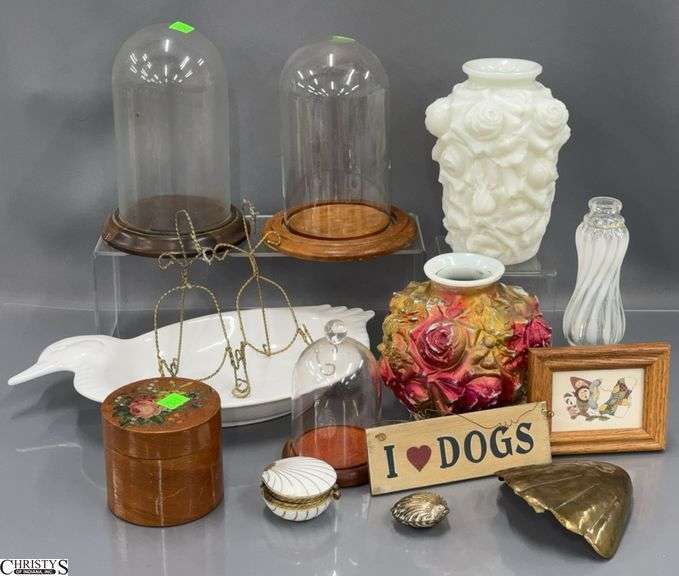 Clock Domes, Rose Milk Glass Vases 7", Duck Platter image