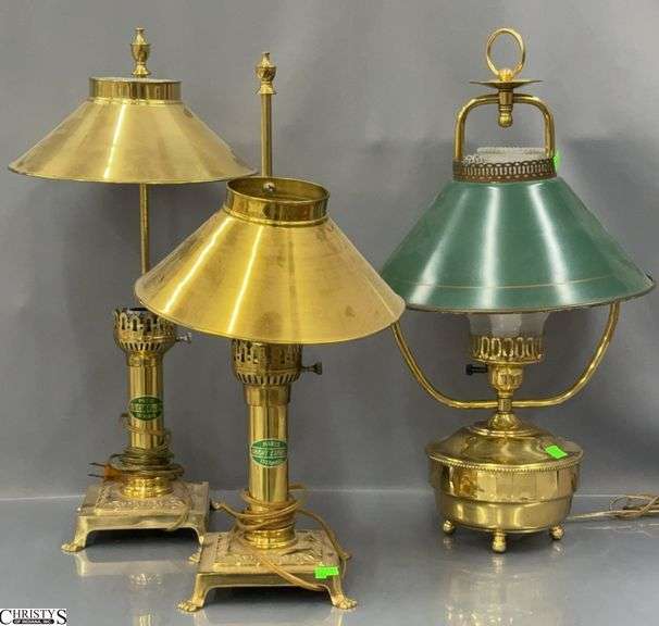 2 Brass Table Lamps, Some Splitting, And Metal Shade, Tallest 21" image