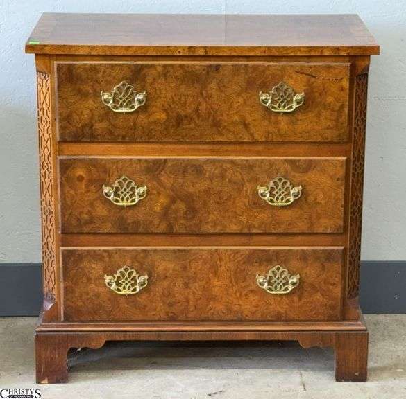 Baker Burled Veneer 3 Drawer Chest - 30" x 16" x 31" - some wear, edge chipping image