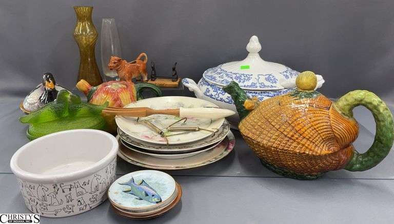Green Love Birds On Nest, Cabbage and Shell Pitchers, Tureen With Ladle, Floral Plates, Cow Creamer, Lidded Duck Casserole Portugal image