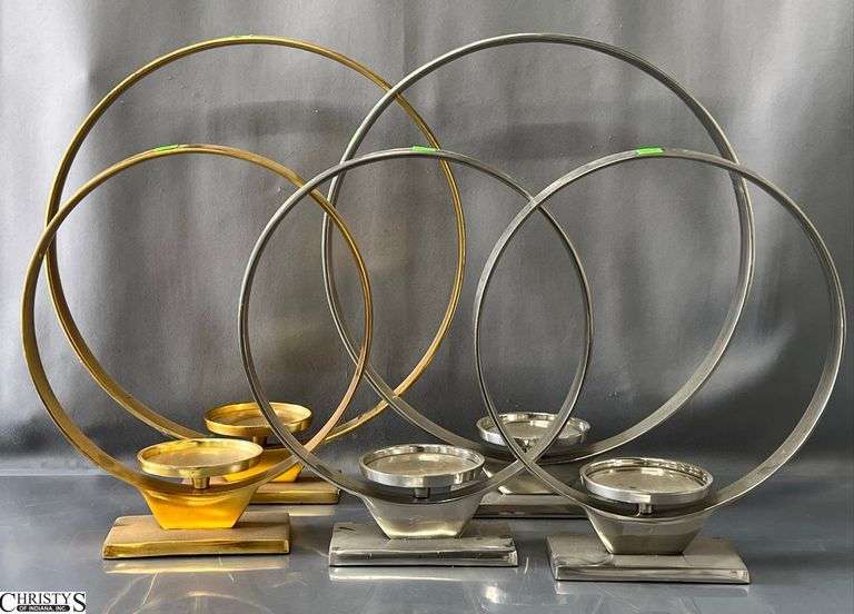 5 Silver and Gold Tone Metal Elegant Hoop Candle Holders - 19" of tallest image