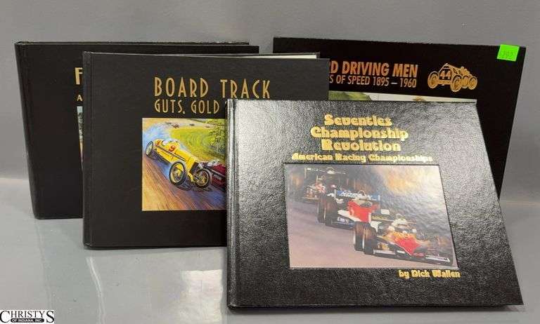 4 Signed Books Dick Wallen "Seventies Championship Revolution" "Fabulous Fifties", "Board Track Guts, Gold and Glory", Numbered "Hard Driving Men Images Of Speed 895-1960" image