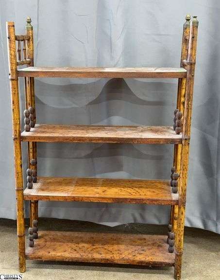 Stenciled Bamboo 4 Shelf Stand - 25" x 9" x 38" - 2 brass finials are damaged image
