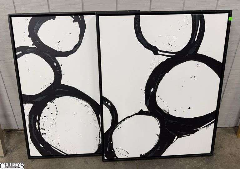 Pair of Black and White Abstract Art on Canvas, 31x38" Has Frame Wear image