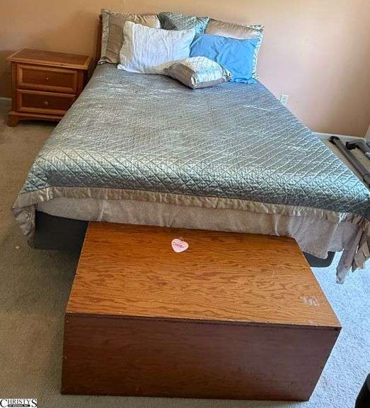 3pcs Full size bed (clean mattress, waterproof protector, and bedding included, Toy Chest, 2 Drawer Nightstand. Headboard 61”, 27x16x25” Nightstand image