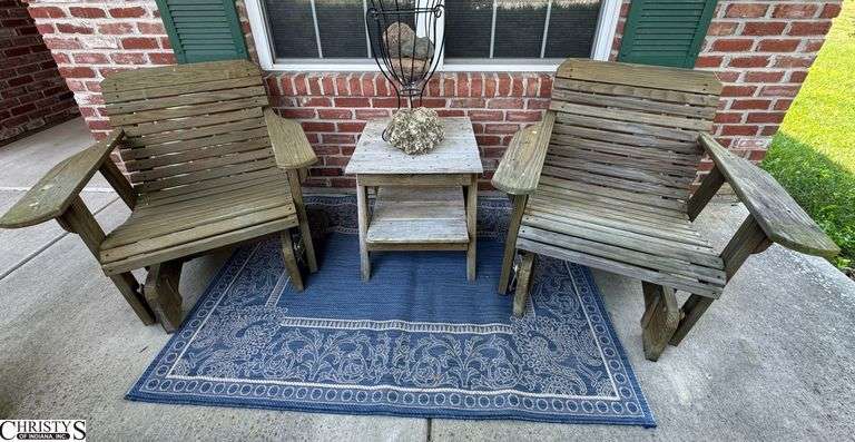 Wooden Patio Furniture. Chairs are Gliders Rug Table Ricks and Planter are Included. image