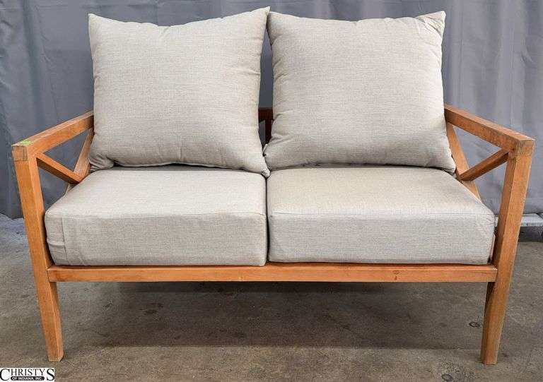 Teak Outdoor Loveseat with Sunbrella Tan Color Cushions, Shows Wear, 50x26x25" image