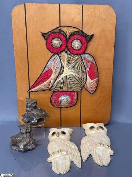 MCM Owl Grouping - Luster Plaster, String Art, Figures - 18" x 23" of string art image