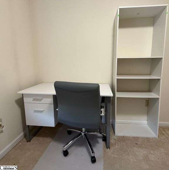 Real Space Desk, White Storage Shelf, Office Chair, Floor Chair Mat - 47" x 24" x 29" of desk - 4pcs image