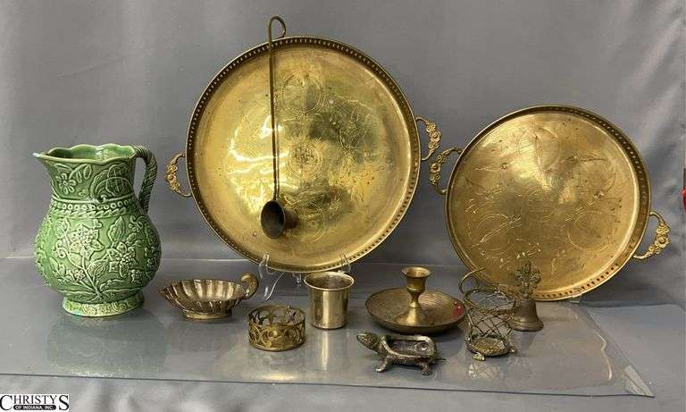 Brass Trays, Candlestick, Table Top Pieces, Bordello Pinero Pitcher (has chipping) - 16" of largest tray image