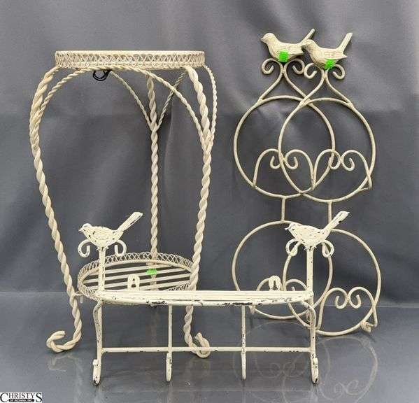 Plant Stand, Rustic Bird Motif Plate Hangers and Shelf With Hooks, Plant Stand 21" Tall image