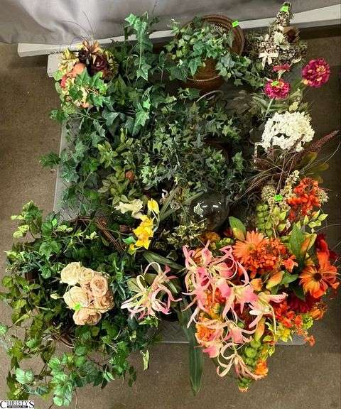 Skid With Artificial Flower Arrangements Some Planters, Baskets,  SKID NOT INCLUDED image