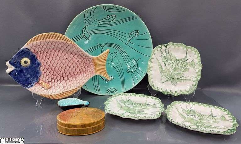 Ceramic Fish Motif Dishes, One Crack On Largest 14" image