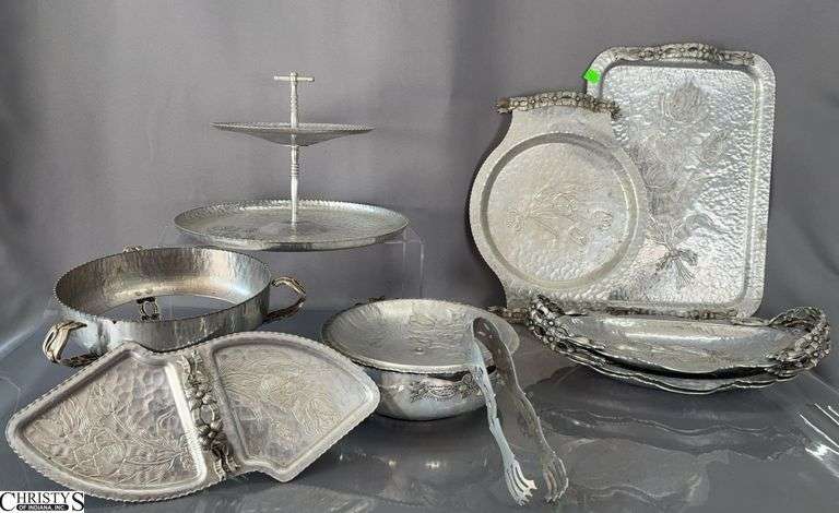 Hammered Aluminum Serve Ware, Tiered Snack Tray, Tongs, Oblong Dishes, Largest Tray 11x16" image