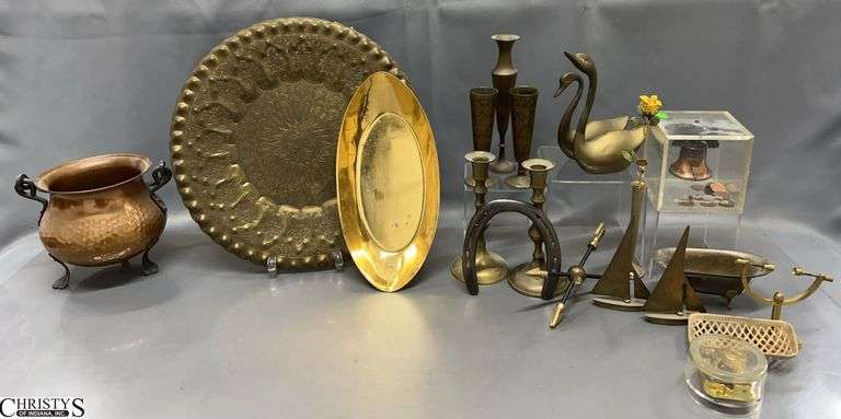 Assorted Brass Decor - Tray, Candlesticks, Vases, Figurines - 14" of tray image