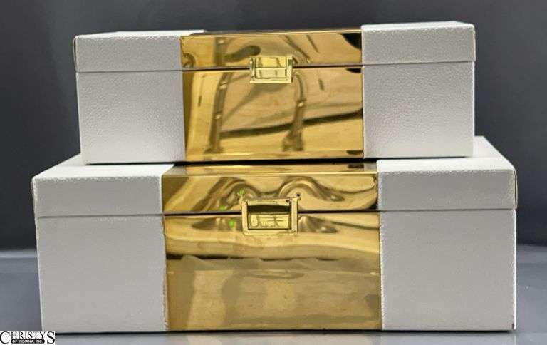 2 White and Gold Accent Textured Decorative Storage Boxes - 16" x 9" x 5" of largest, some edge wear image