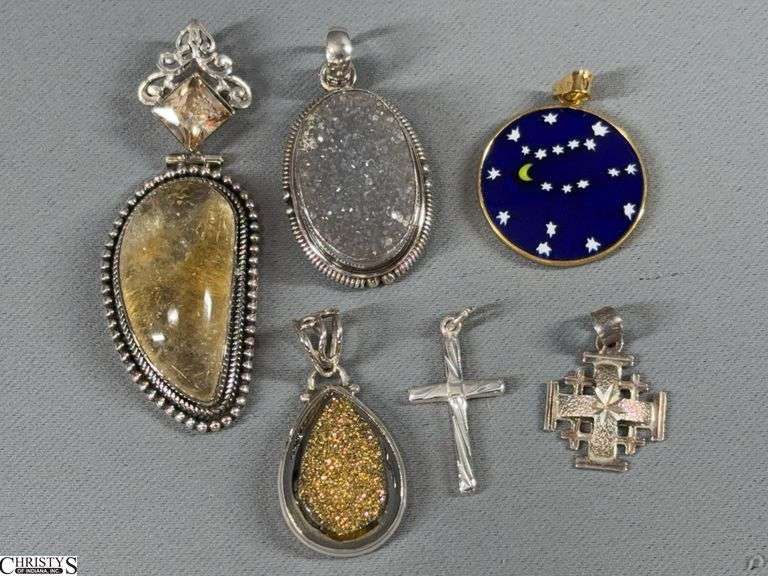 6 Pendants Marked 925.  Includes a cross marked 925 Jerusalem. image