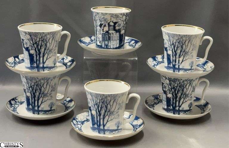 6 Lomonosov Imperial Russian Porcelain Mug and Saucer Sets - 6" D of saucer image