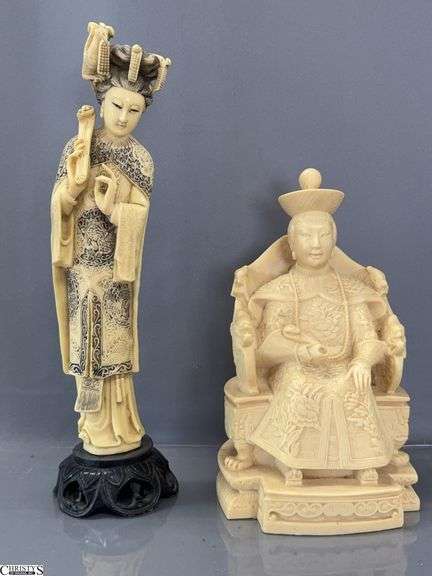 2 Carved Emperor and Empress Figures, Tallest 14.5". image