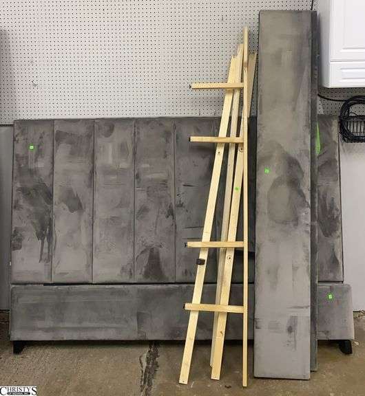 Padded Grey Upholstered King Size Bed, Does Have Some Wear on Edges Headboard Measures 82x57" Tall image
