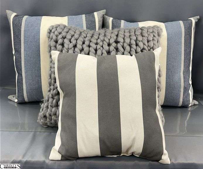4 Grey and Blue, White and Stripe Out Door Throw Pillow, Chunky Knot Largest 19" image