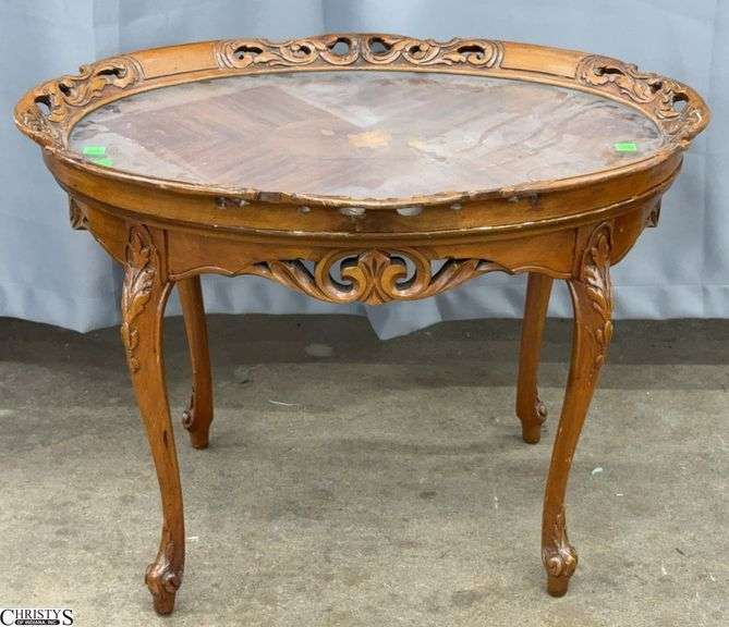 Floral Motif Marquetry Glass Tray Top Walnut Coffee Table - 28" x 21" x 21" image