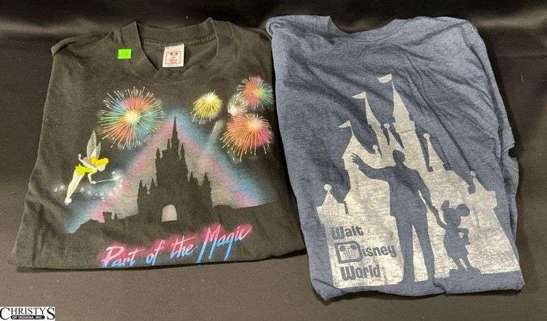 2 Disney T-Shirts.  Blue Size M Walt Disney World and Black Size L Disney Tinkerbell "Part of the Magic" T-shirt image