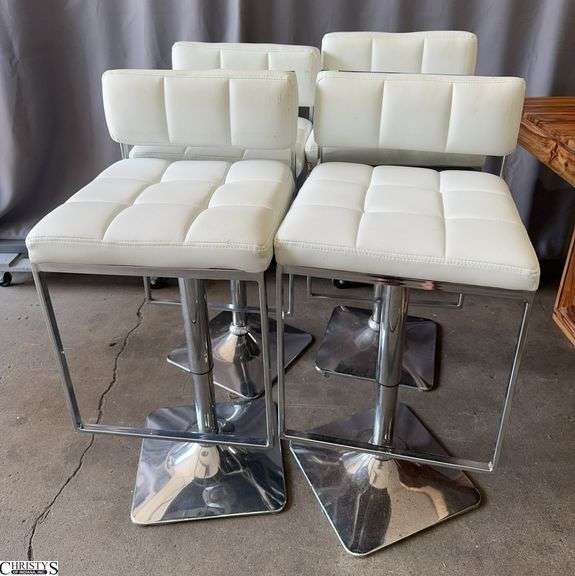 4 White Modern Chrome Base Adjustable Stools, Some Wear Seat Is 17x18" image